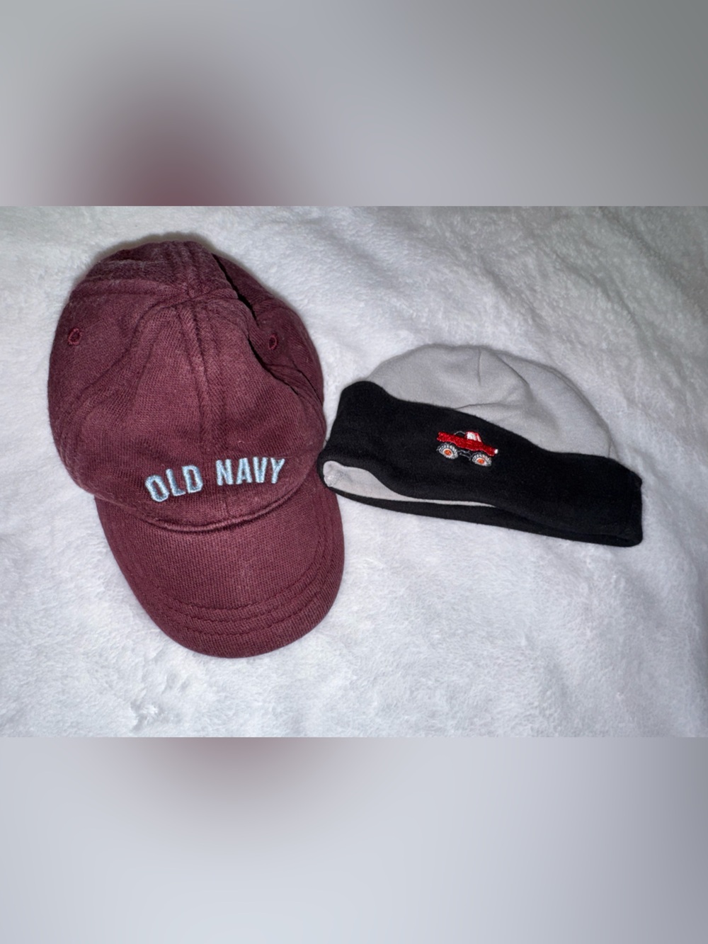 Old Navy Maroon Baseball Hat & Gray and Black Baby Beanie Set